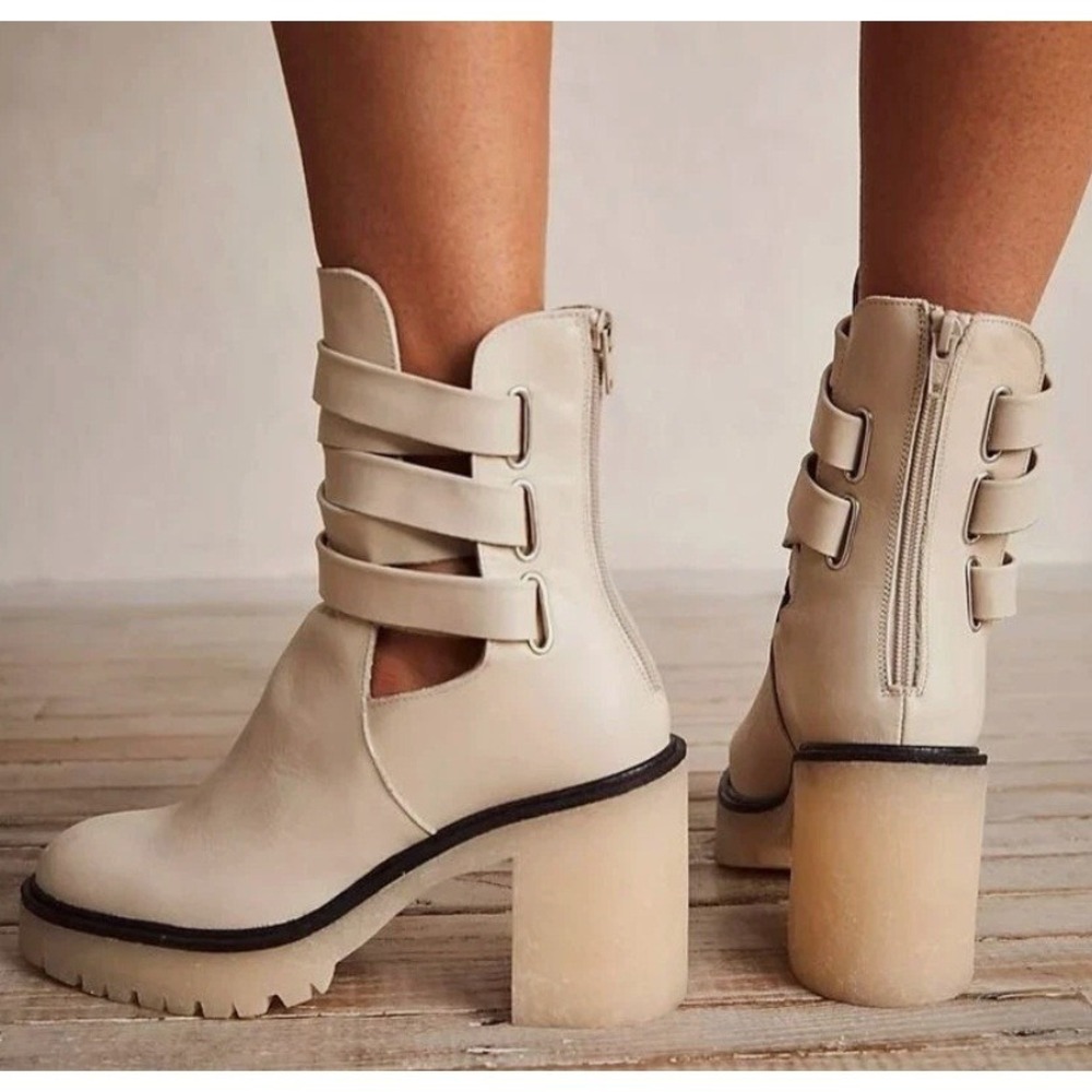 Free People Strappy Wrap Ankle Boots Chunky Cream Leather Women New 38 & 39 7 8